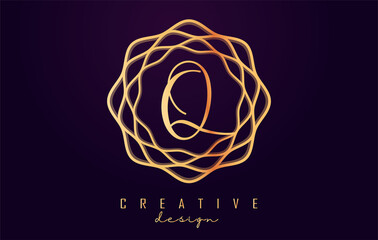 Golden Q Luxury Logo. Vector letter with wavy monogram design.