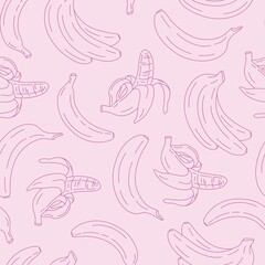 Seamless vector pattern with fun pink banana fruits. Cute fruity texture. Line objects. Hand drawn doodle background for card, gift, packaging, wrapping paper, wallpaper, fabric, textile.