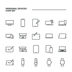 simple set of Personal Devices vector icons with editable line styles covering Tablet, Desktop PC Workstation, Round and Square Smart and other. isolated on white background. 