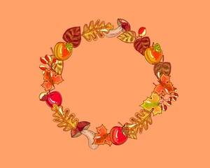 Autumn harvest round frame background from apples, fruits, autumn leaves.Illustration, hand drawn, copy space