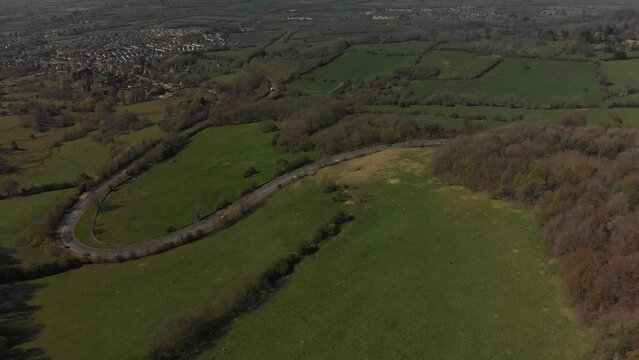 High view, flying over Fish Hill on the A44 towards the Vale of Evesham