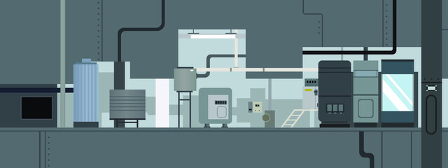 Industrial factory interior machinery horizontal banner and background web flat vector illustration