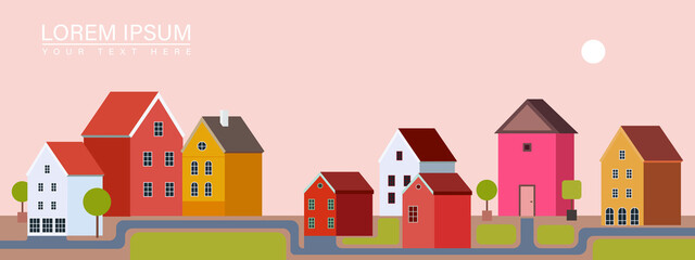 Small houses at the road horizontal banner flat vector illustration