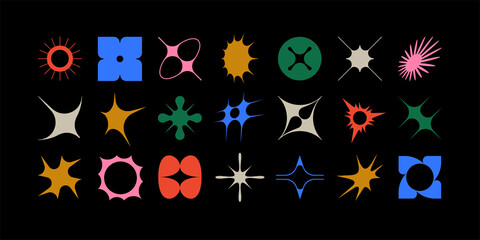 Set of geometric logos space explosion, dazzling flash. Modern bold brutalist objects and shapes of the sun and stars. Colorful minimalistic figures silhouettes. Contemporary design.