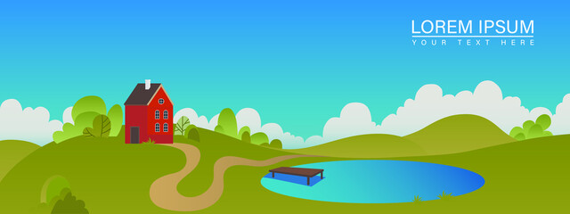 Red village house in the hills landscape with lake horizontal banner flat vector illustration