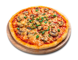 Pizza with mushrooms, tomatoes, cheese and herbs is isolated on a white background.