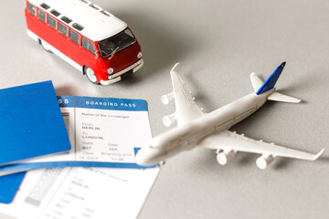 passports, toy bus, tickets. Travel concept