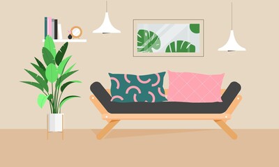 Living room scene, interior elements such as couch, potted plant, shelf. Vector illustration in flat style, minimal modern home