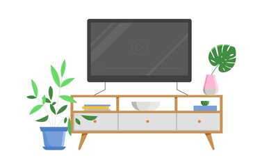 TV cabinet interior with decorative elements, houseplants, books. Flat vector illustration on white background