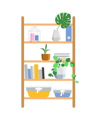 Storage shelves, bookcase with books, decorative interior elements. Vector illustration in flat style