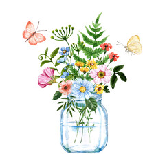 Watercolor illustration of glass mason jar with wildflower bouquet. Hand painted flowers, grass, butterflies, isolated on white background. Summer arrangement. Greeting card design. - 500727761