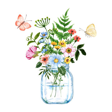 Watercolor illustration of glass mason jar with wildflower bouquet. Hand painted flowers, grass, butterflies, isolated on white background. Summer arrangement. Greeting card design.