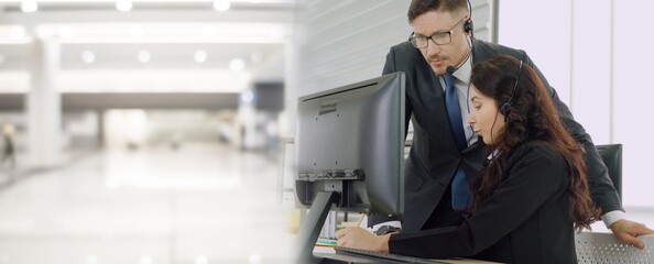 Business people wearing headset working in office to support remote customer or colleague. Call center, telemarketing, customer support agent provide service in broaden view .