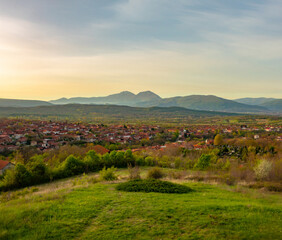 Fototapeta na wymiar Panorama from the vicinity of Nis, Serbia. Beautiful spring morning in Gornji Matejevac. At sunrise.