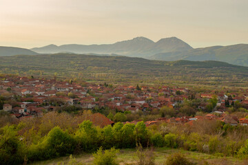 Panorama from the vicinity of Nis, Serbia. Beautiful spring morning in Gornji Matejevac. At sunrise.
