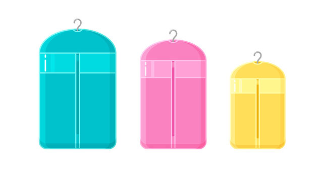 Clothes storage cover, dust protection bag for garment. Vector cartoon set of plastic dustproof suit cover bags with zipper and hanger for adult and kids dress, coat and jacket. Laundry icons