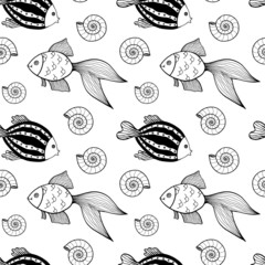 Seamless pattern with fishes and shells. Black and white hand drawn vector illustration. Seamless background. Wallpaper design. Fabric design. Simple vector pattern with cute fishes.