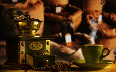 coffee grinder with cup of coffee