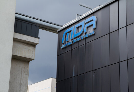 Central Bus Station in Krak&oacute;w, MDA signboard with logo sign. Małopolskie Dworce Autobusowe at Bosacka street on April 15, 2022 in Krakow, Poland.