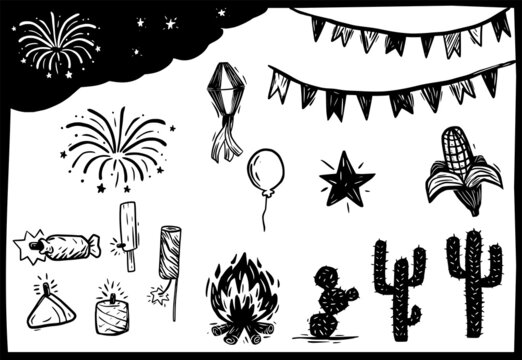 June party elements. Bombinhas of São João. Separated vectors in woodcut style.