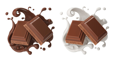 dark chocolate bar icon with milk and chocolate cream splash, 3d illustration.