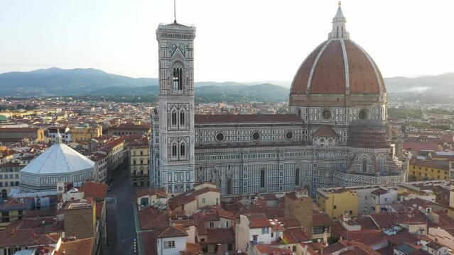 Aerial view of Santa Maria del Fiore, a cathedral in Florence downtown, Tuscany, Italy.