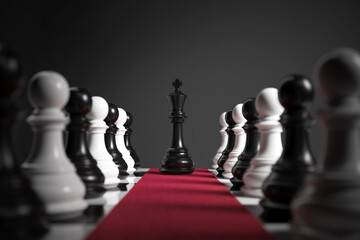 leader & success, king chess piece on red carpet, Chess board game concept of business strategy idea, 3d rendering.