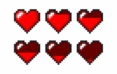 Pixel gaming life bar. Vector art 8 bit health heart bar. Game controller, a set of characters.