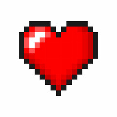 Closeup heart, pixel icon, vector illustration isolated on white background, cute red pixel logo with black frame, abstract reflection, digital image
