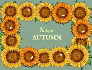 Autumn background sunflowers with inscription happy autumn, illustration, hand drawn