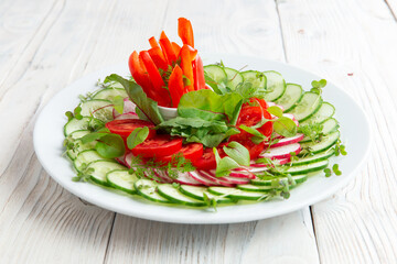 Fresh chopped vegetables in a plate. Assorted vegetables. On a light background.