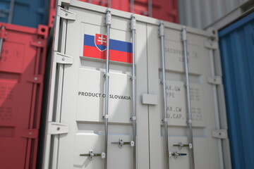 Many cargo container with products of Slovakia and printed national flag. Export or import related 3D rendering