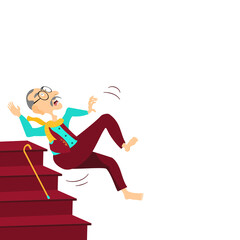 One Older glabrous man falling accident.Elderly grey hair man slipped down stairs in home on white background. Vector isolate flat cartoon characters design concept for Don&rsquo;t leave old people alone