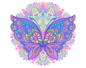 Ornate butterfly over colorful round mandala pattern. Ethnic patterned vector illustration. African, indian, totem, tribal, zentangle design. Sketch for tattoo, posters, t-shirt print, fabric design.