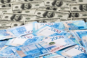 Russian rubles with  US dollars. Concept of exchange rate