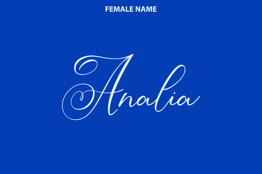 Cursive Text Lettering Girl Name Design Analia on Blue Background