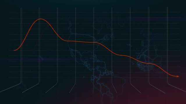 3D Descending Vector Animation Red 2D Bar Chart With Down Arrow, Ultra HD 4K Stock Value, World Map Background