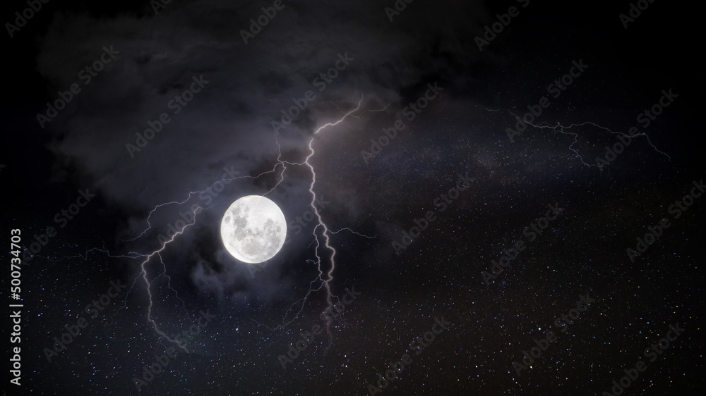Wall mural starry sky moon on lightenning rainy night dramatic clouds nebula cosmic nature landscape weather fo