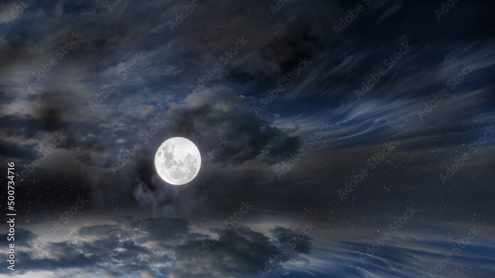 Wall mural starry sky moon on night dramatic clouds nebula cosmic nature landscape weather forecast
