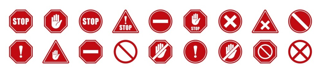 stop red sign icon set. stop sign. stop symbol with hand. stop traffic signs. Vector illustration