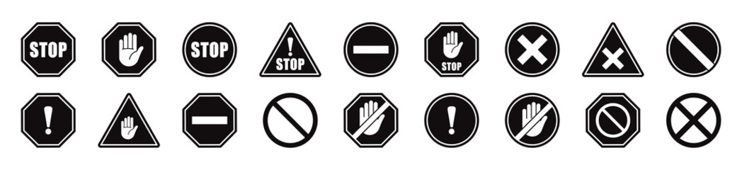 stop black sign icon set. stop sign. stop symbol with hand. stop traffic signs. Vector illustration - obrazy, fototapety, plakaty