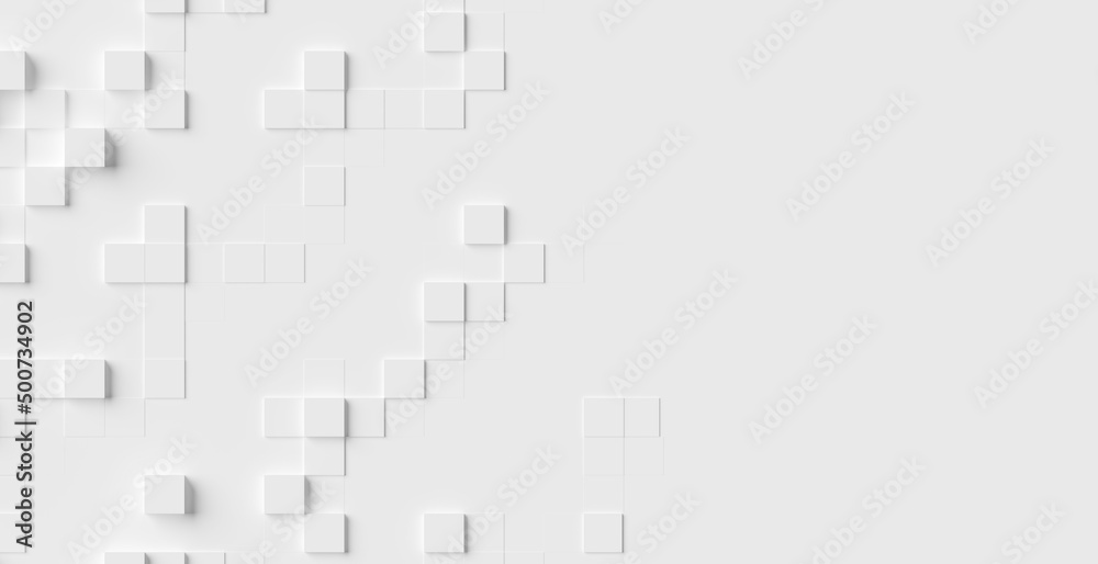 Wall mural random islands of many small white cube boxes with random offset background wallpaper banner with co