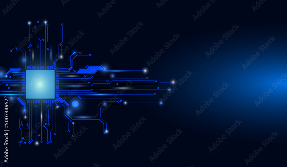 Poster Abstract blue technology glow micro chip processor schematic  circuit board digital futuristic background vector.
