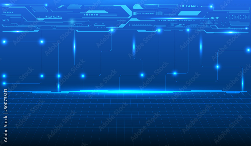 Aufkleber Digital virtual reality HUD UI element design with blue glow light rays horizontal line on perspective grid 3d floor futuristic vector background concept.