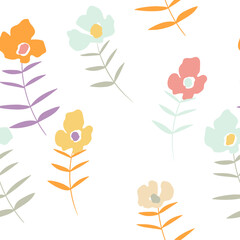 Seamless floral pattern with roses based on traditional folk art ornaments. Colorful flowers on white background. Vector illustration. Simple minimalistic pattern. Design for fabric, textile, paper
