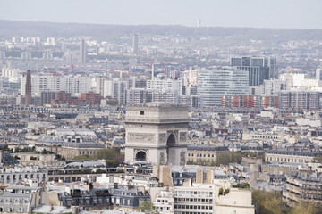 Paris, France, Europe: aerial view from the top of the Eiffel Tower with the Triumphal Arch of the...