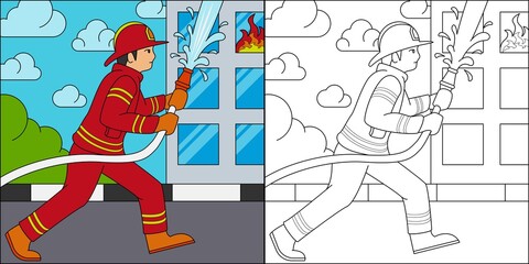Firefighters extinguish the burning building suitable for children's coloring page vector illustration