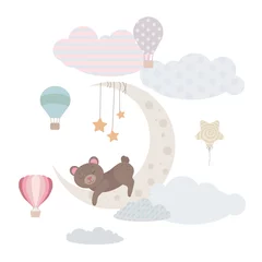  A cute bear cub sleeps on the moon. Animal on the moon. Balloons and airship. Children's illustration, Cute print, vector. Isolated on a white background. © Oksana
