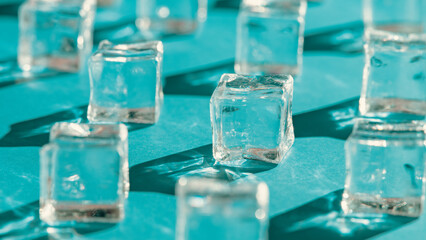 Cold ice on blue background, Cool summer background, Nobody
