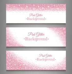 Pink glitter. Set of pink banners with glitter on white background. Template for holiday designs.